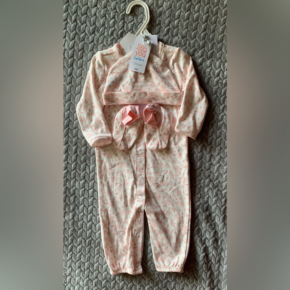 NEW Pink Floral Sleep 3 Piece Set with Booties and Hat from Carters in 6M